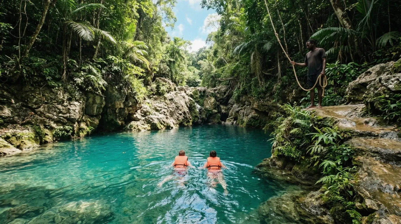 Guide leading a small group through a deep turquoise pool at the Blue Hole, one of the Blue Hole vs Dunn's River Falls Ocho Rios excursions