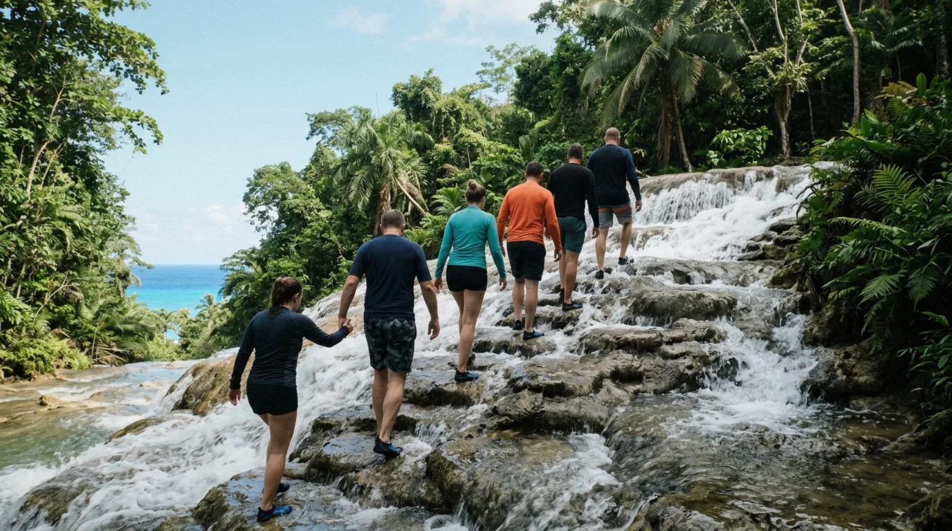 Tourists holding hands in a guided chain climbing the terraces of Dunn's River Falls, the classic Ocho Rios waterfall excursion