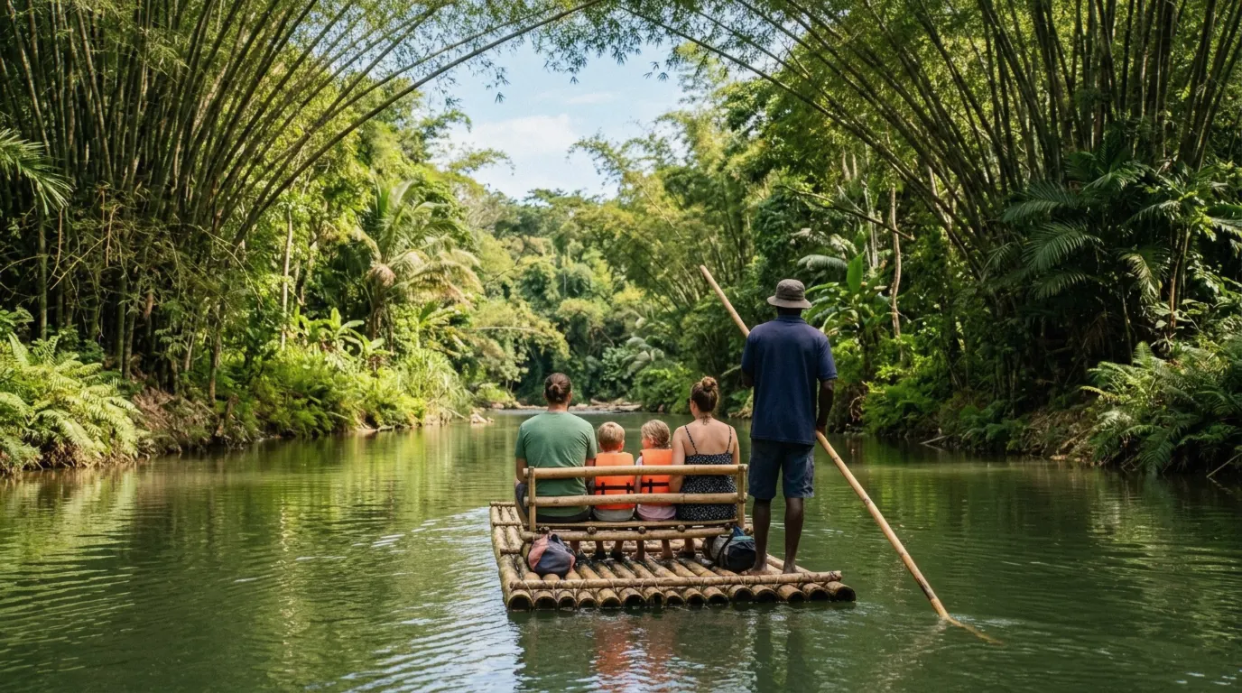 A family on a bamboo raft on the White River, an Ocho Rios excursion with kids that suits younger children