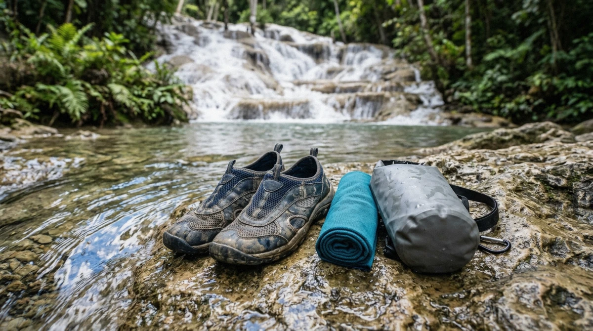 Closed-toe water shoes on wet river rocks, the recommended footwear for Ocho Rios excursions like Dunn's River Falls